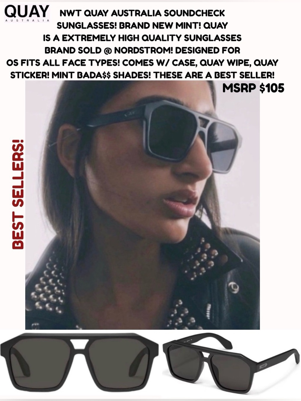 NWT QUAY AUSTRALIA BLACK SOUNDCHECK POLARIZED AVIATOR SUNGLASSES W/ CASE! OS!